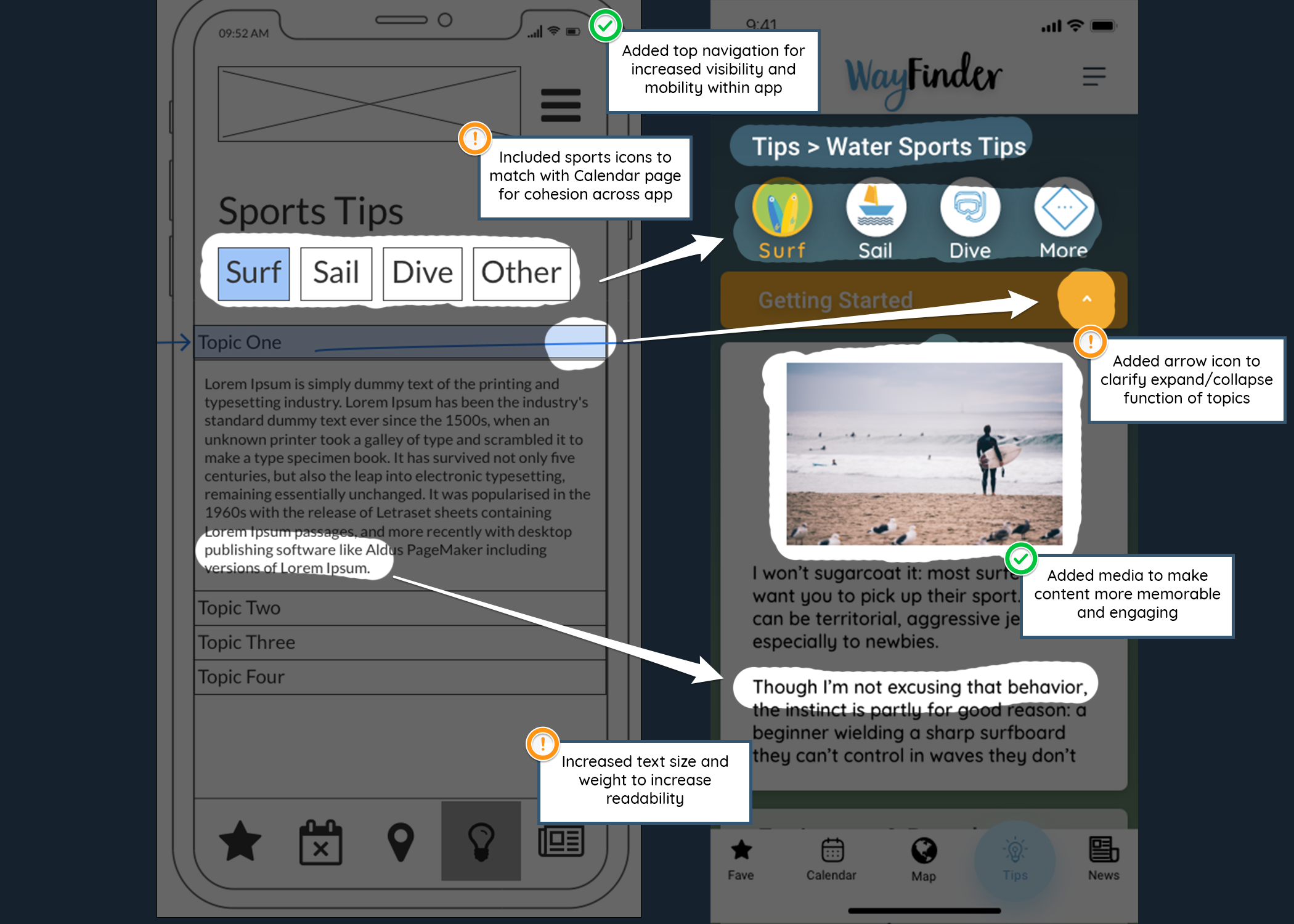 Annotations for changes/updates to the water sports tips page.