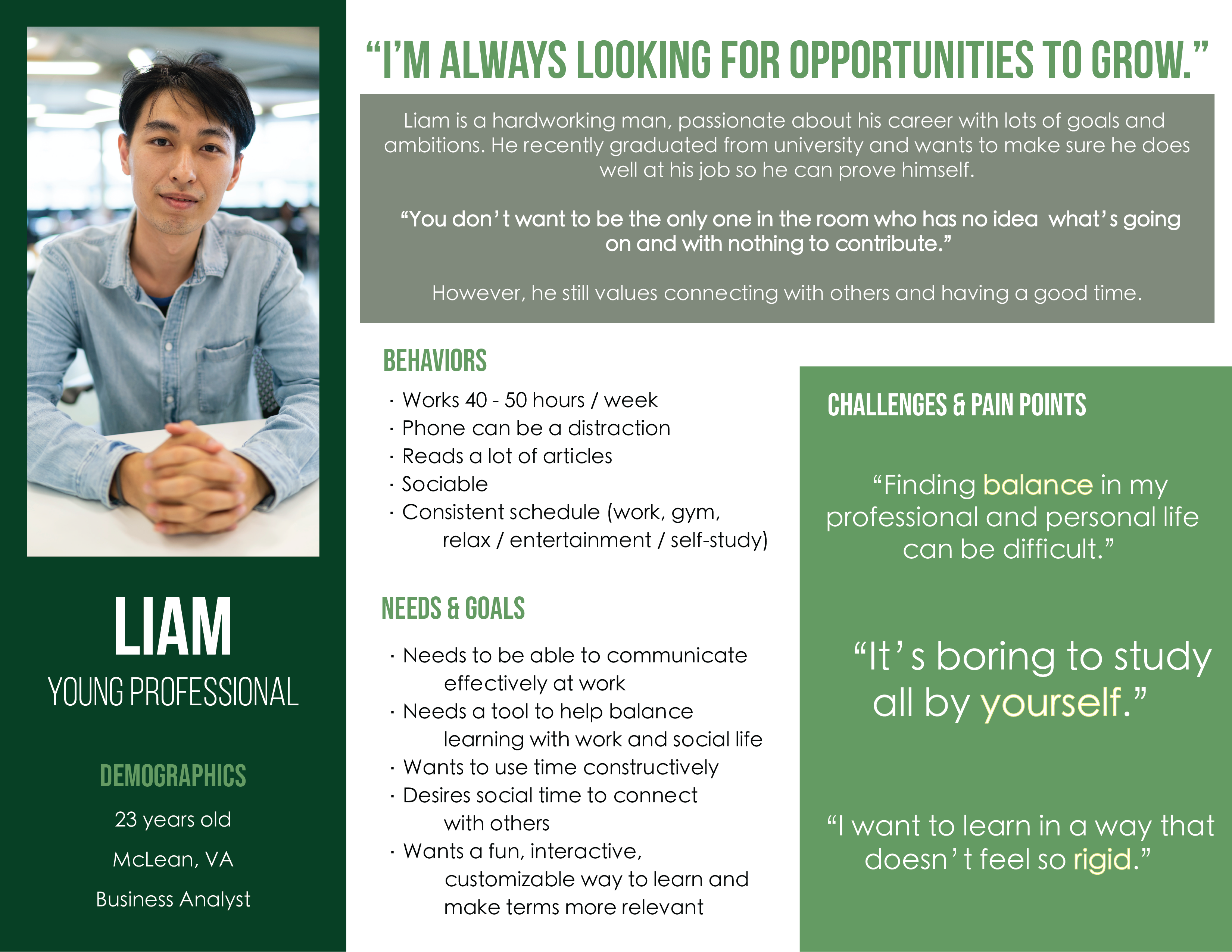 Proto-persona for Flashly app. Liam is a young professional looking to learn relevant vocabulary in a fun and social way.