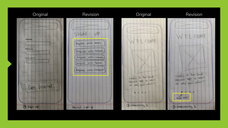 Image of revisions to sign up and onboarding screens.