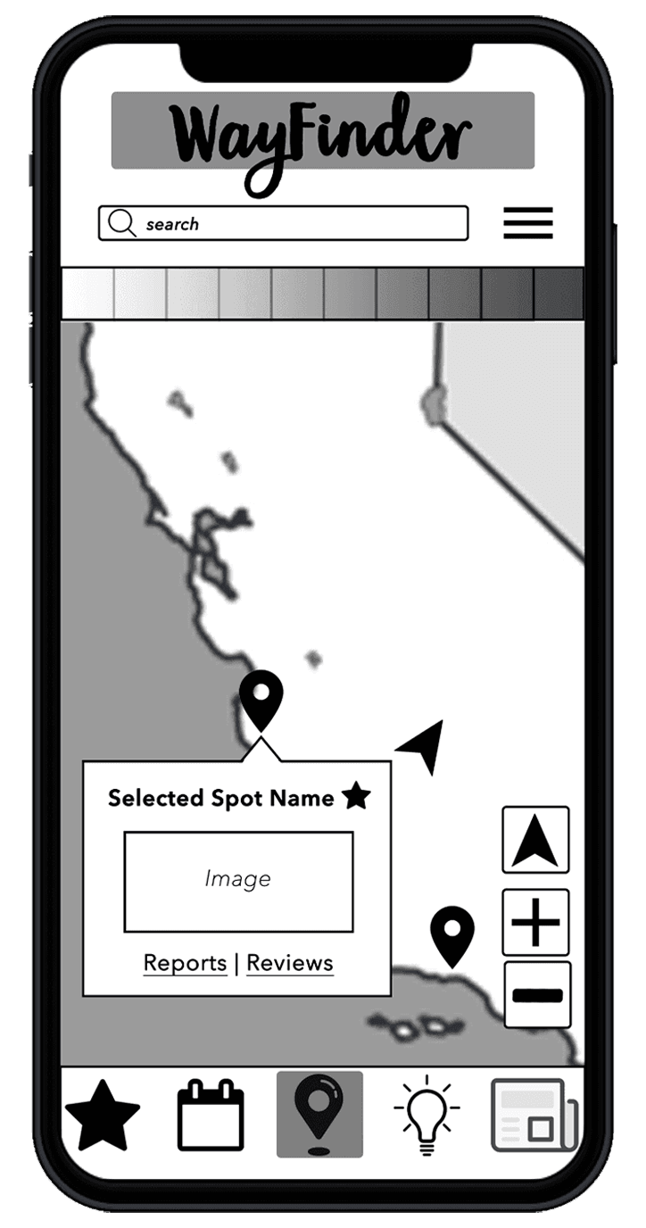 greyscale high-fidelity wireframe of initial map and spot overview.