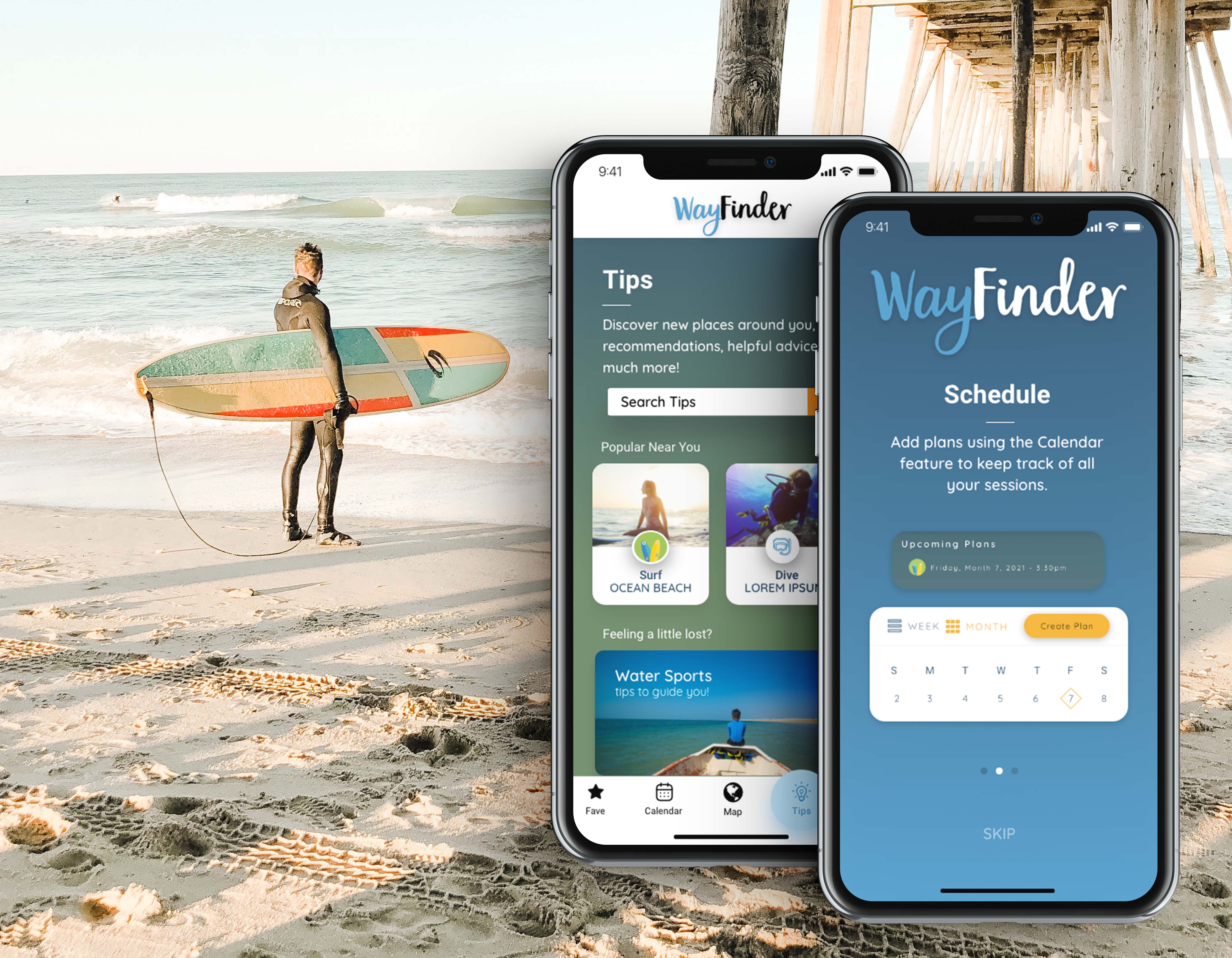 Mock-up photos of WayFinder app with background photo of a surfer on the beach.