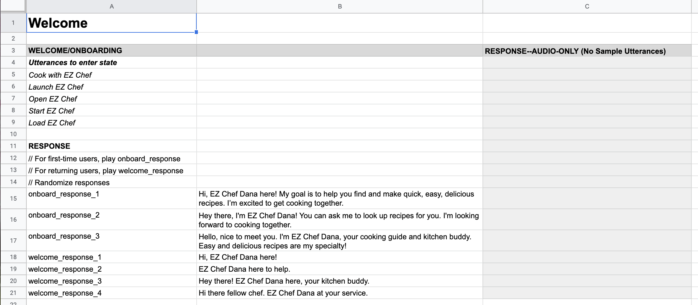 Snippet of Welcome state/intent section of EZ Chef voice script.