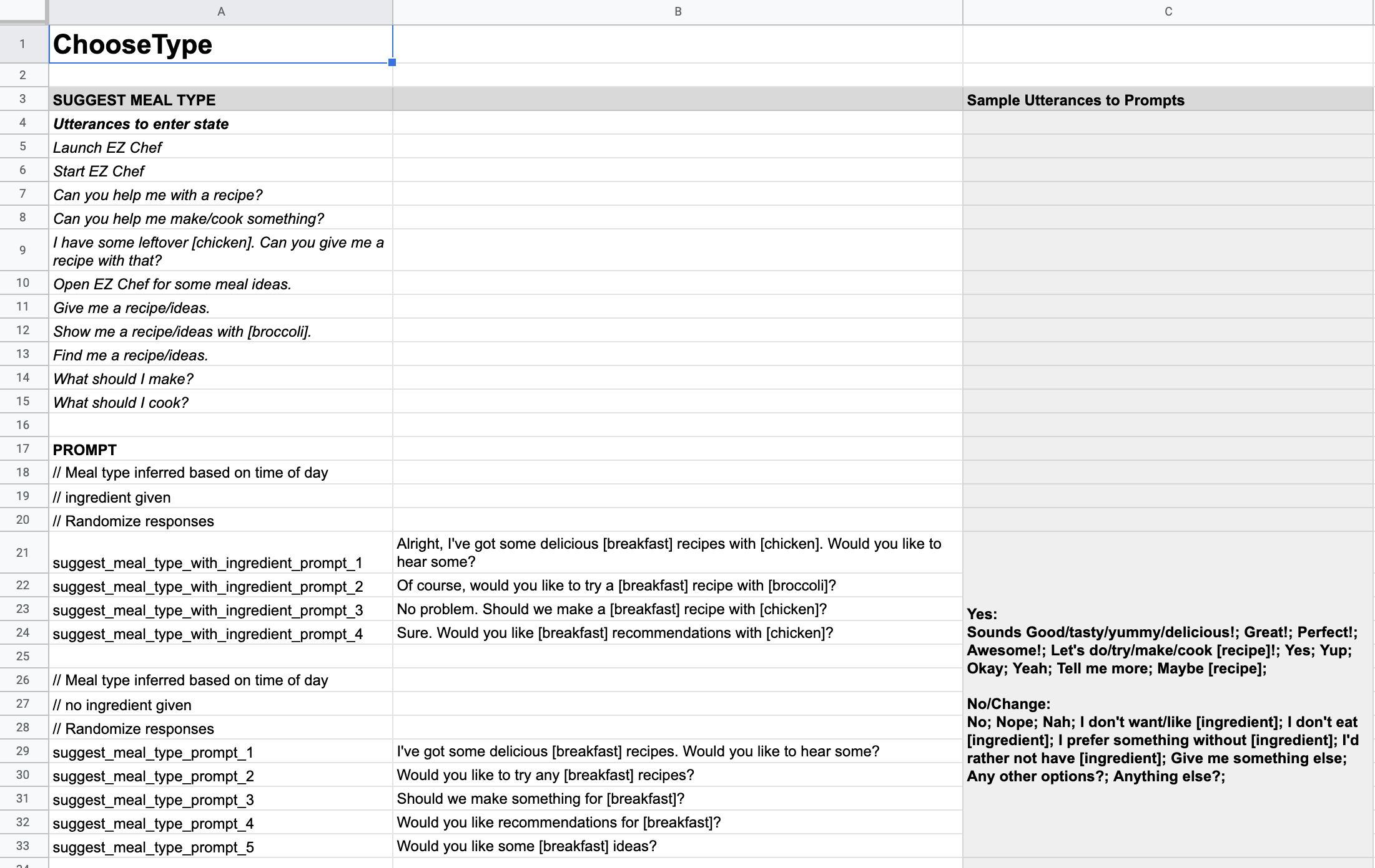 Snippet of choose type state and suggest meal type intent section of EZ Chef voice script.