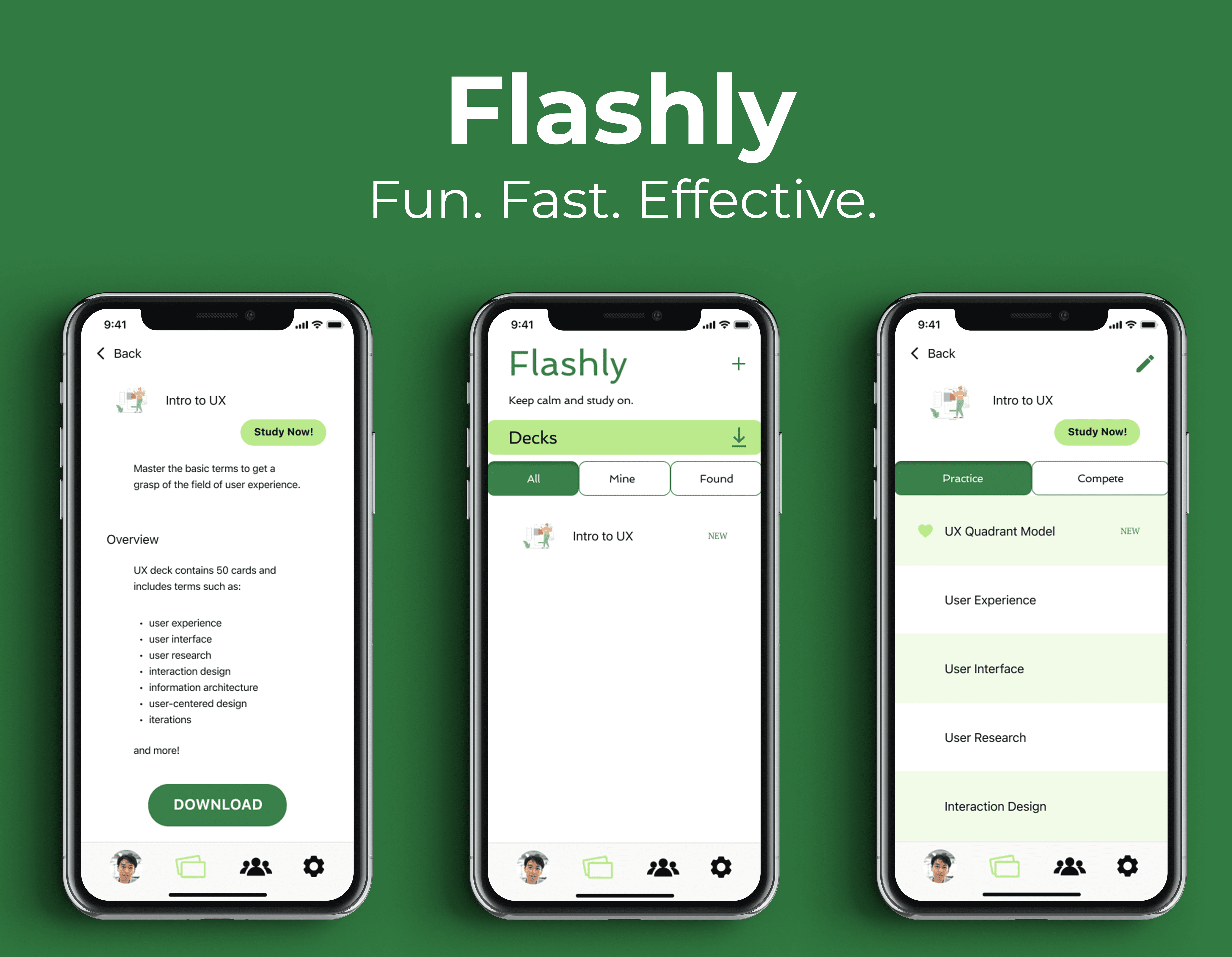 Flashly mockup image with three screens and the text, "Fun. Fast. Effective."