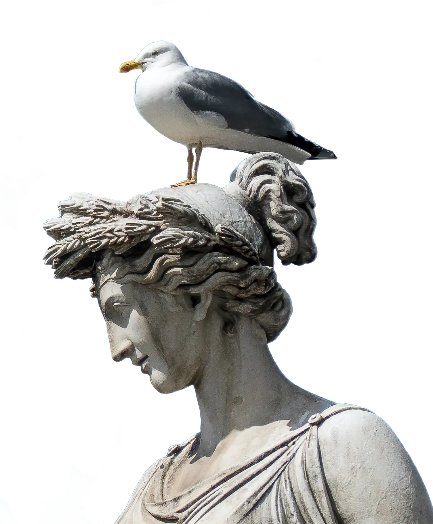 Италианска статуя с гларус на главата, шедьоври на италианската култура и език, избран визуален елемент на Долче Стилново   