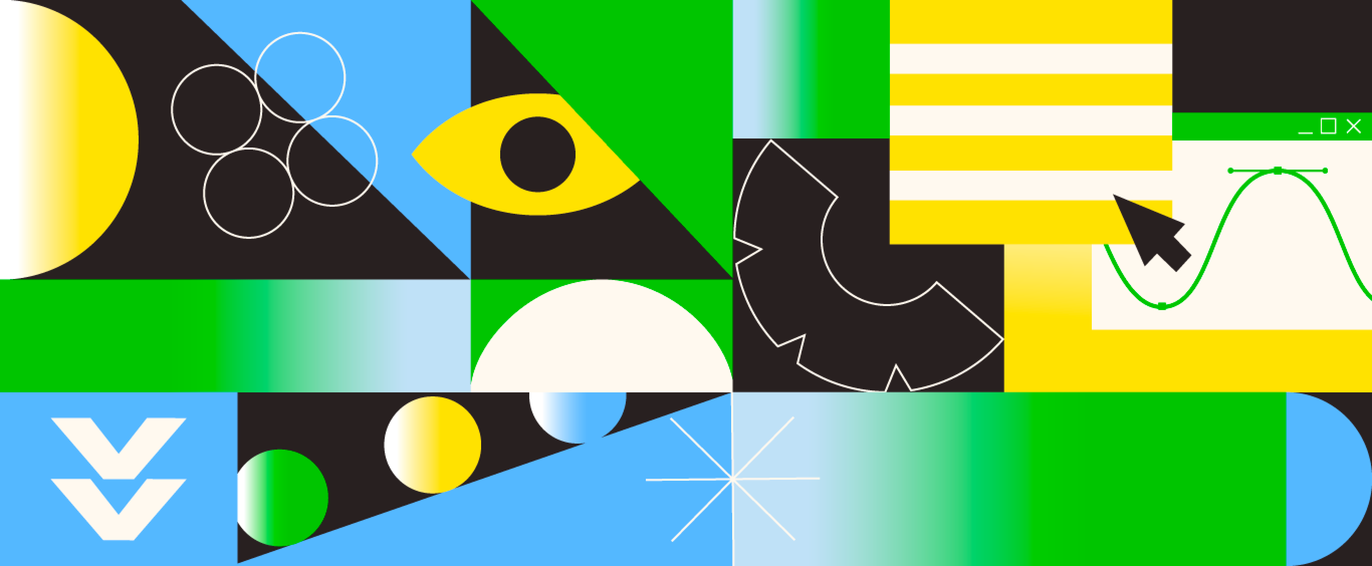 Cover image, showcasing different geometrical objects alongside figurative elements, such as an eye, a cursor and a line graph.