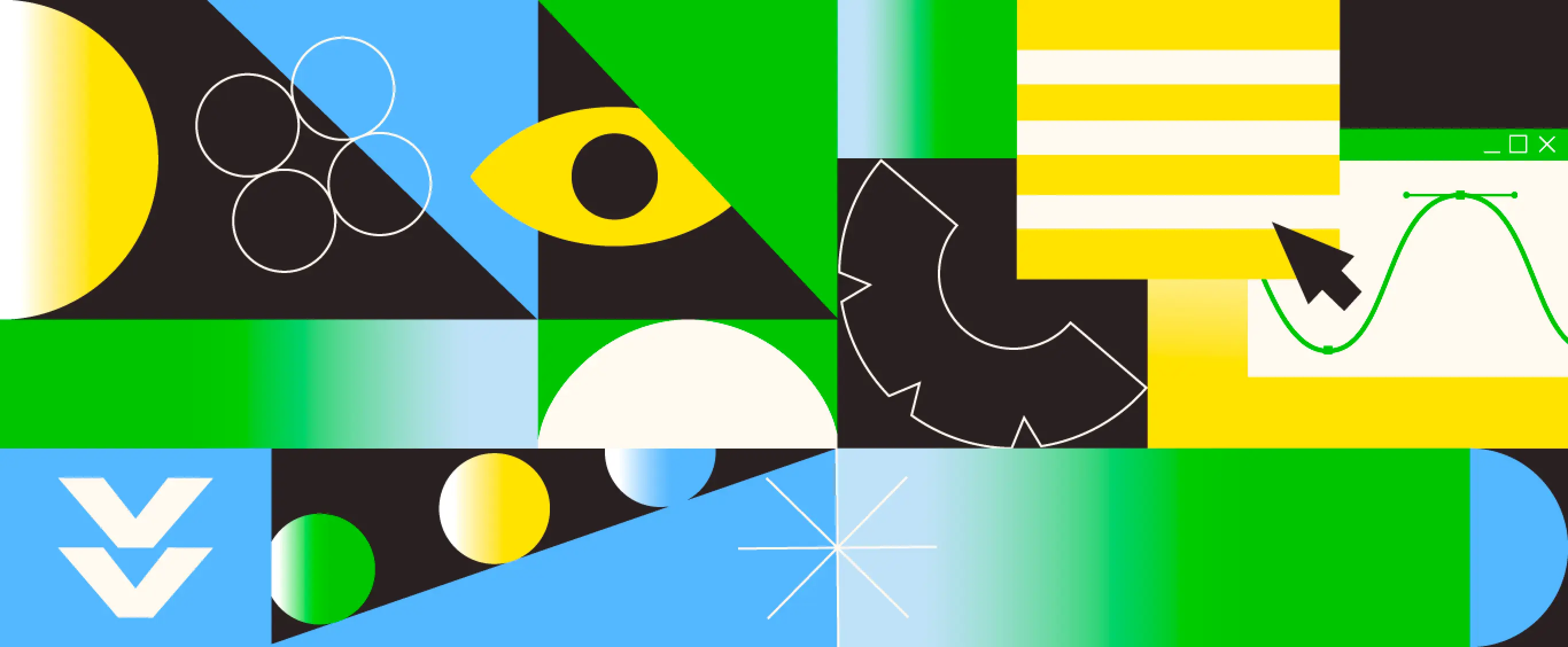 Cover image, showcasing different geometrical objects alongside figurative elements, such as an eye, a cursor and a line graph.