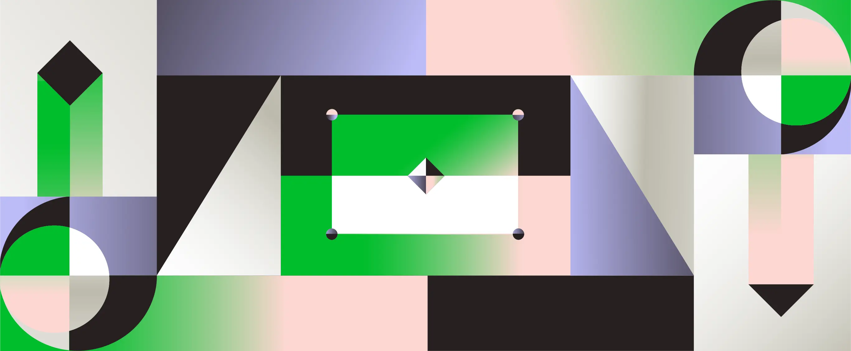 Imagen de portada en tonos de verde, rosa, violeta y gris que muestra diferentes objetos geométricos junto con elementos figurativos, como lápices y una forma rectangular