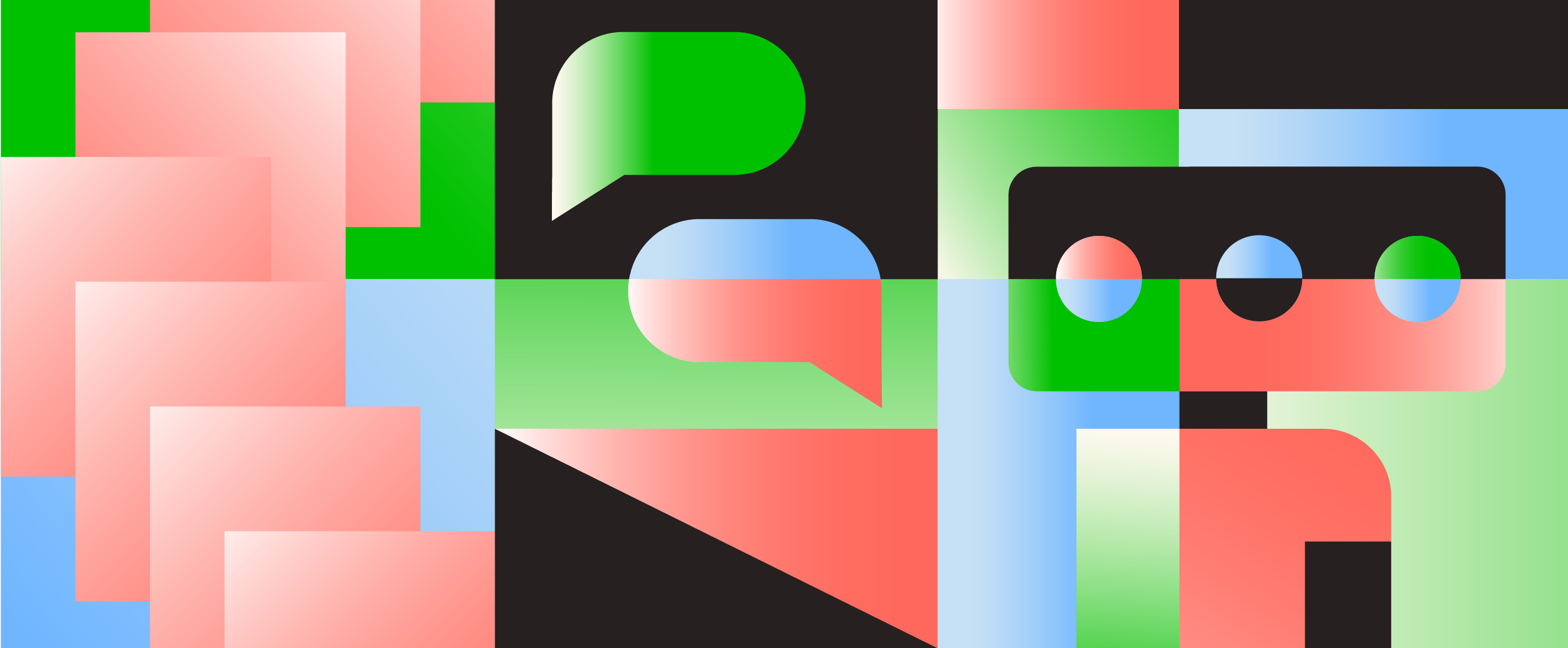 Cover image in tones of green, red, blue and black showcasing different geometrical objects alongside figurative elements, such as a robot and conversation bubbles