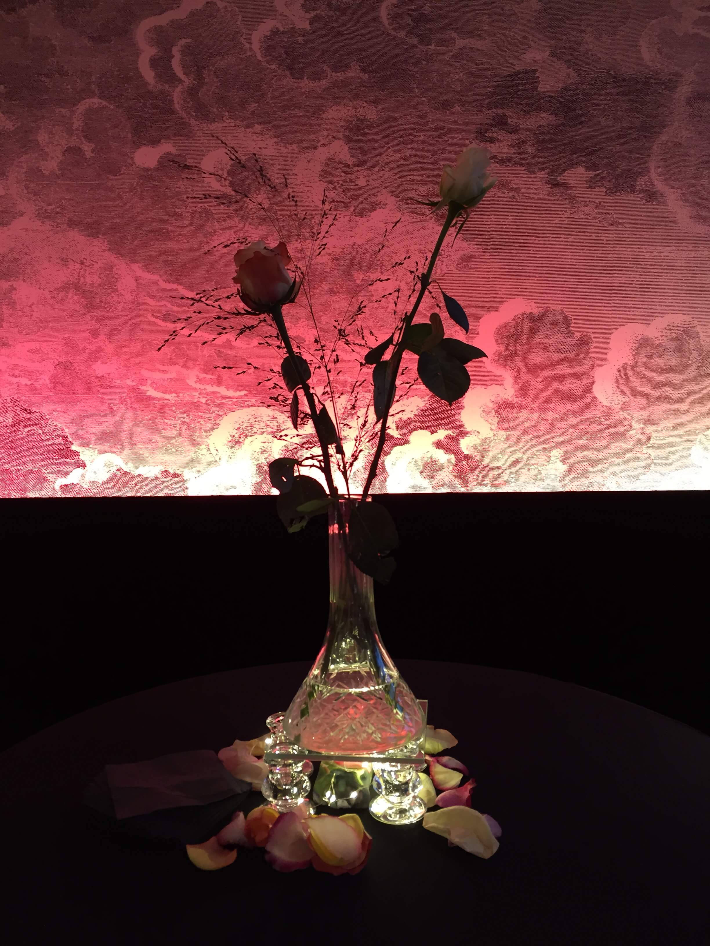 Abstracte foto van 2 rozen in een vaas tegen een achtergrond die voor de helft rood en zwart is. 