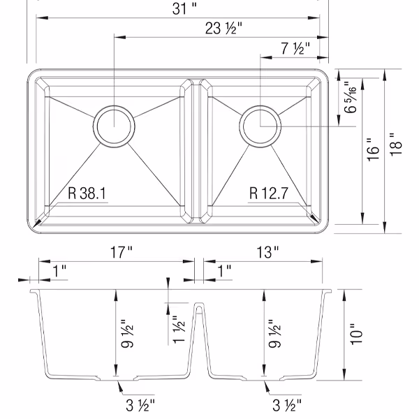 Soft White 60|40 Double Bowl Sink Dimensions