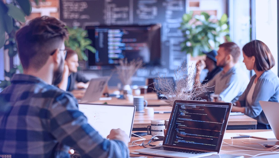 Team engaged in a meeting at a modern workspace, focused on coding and collaboration with laptops and screens.