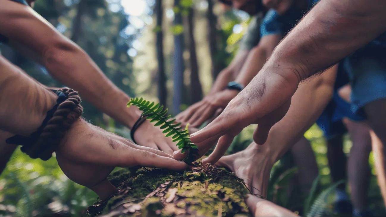 Hands gently nurturing a small fern on a log, symbolizing growth and collaboration in SaaS security transformation.