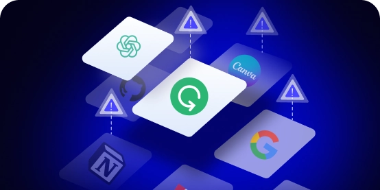 Icons representing various SaaS tools and security features, highlighting solutions for shadow AI risks.