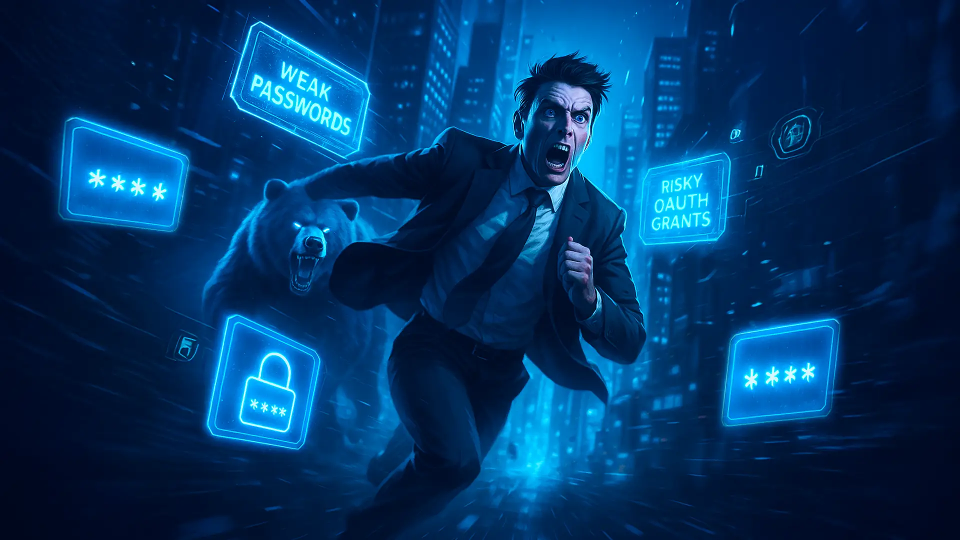 Businessman fleeing a bear, with icons of weak passwords and risky OAuth grants, emphasizing cybersecurity threats.