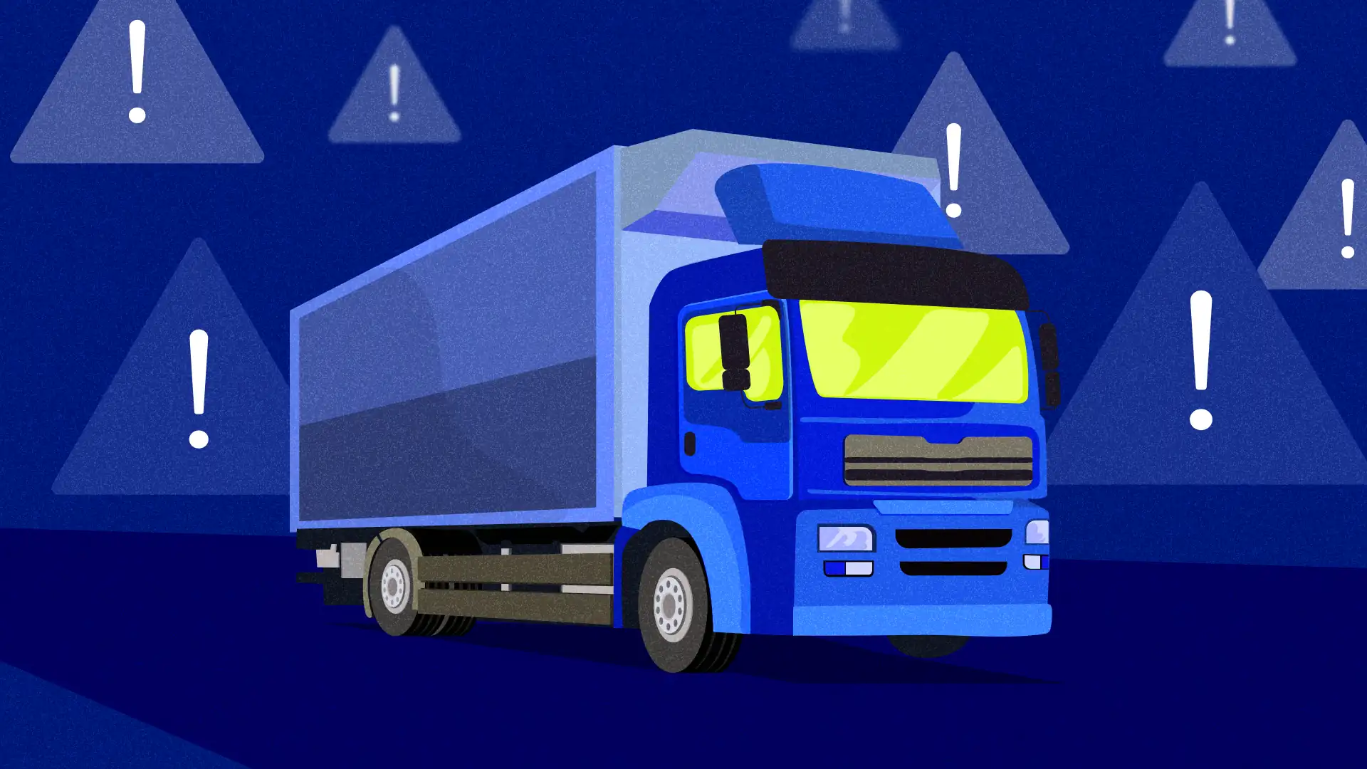 Blue delivery truck on a dark background with warning symbols, representing cybersecurity risks in SaaS environments.
