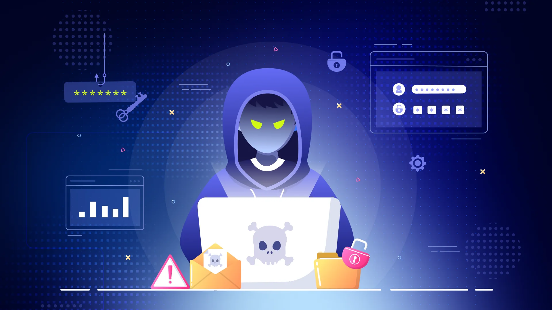 Hacker in a hoodie working on a laptop, surrounded by cybersecurity icons and alerts, representing SaaS security threats.