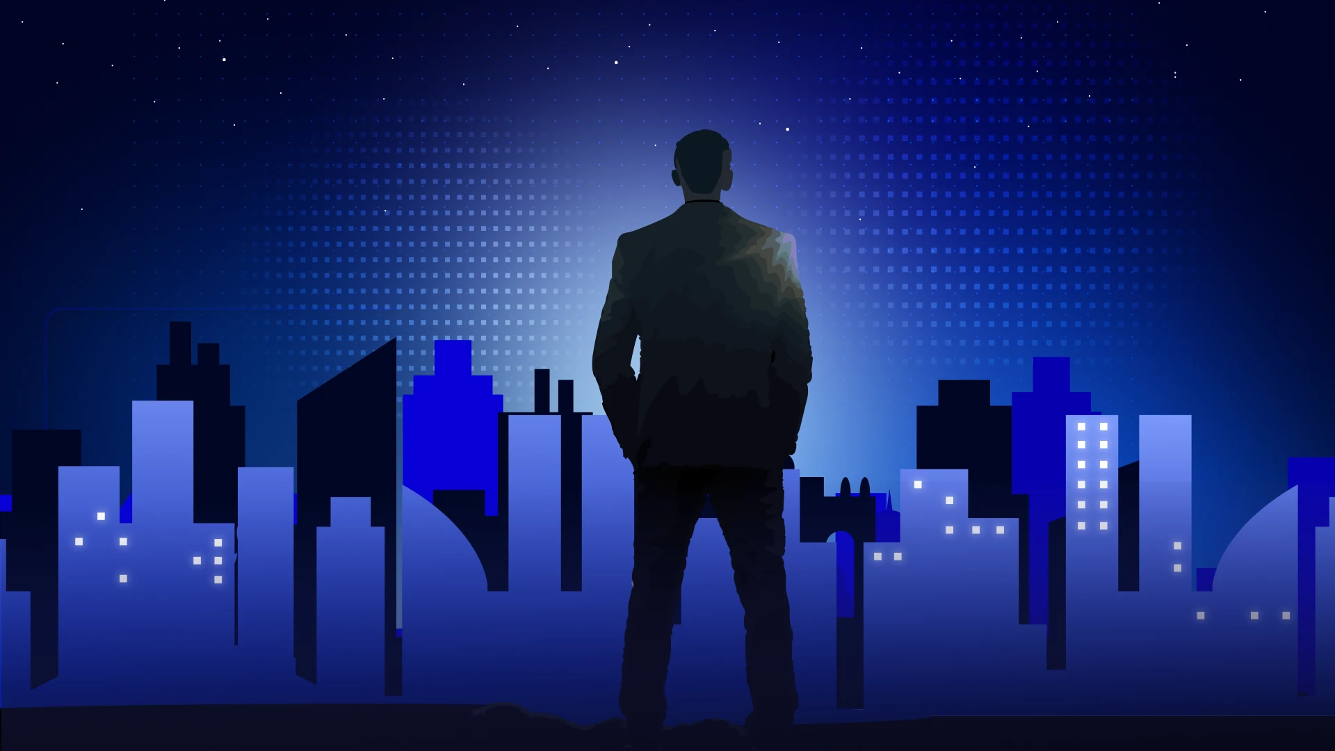 Silhouette of a man in a suit overlooking a city skyline, symbolizing SaaS security and innovation.