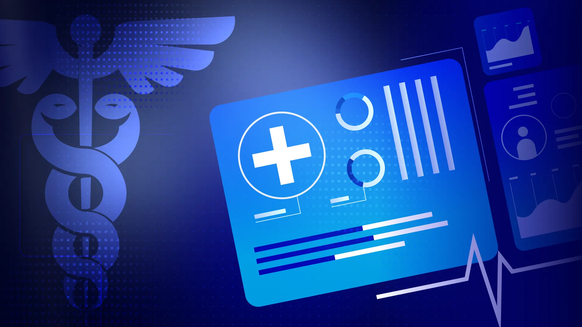 Caduceus symbol alongside a digital health record interface, illustrating SaaS security in healthcare data management.