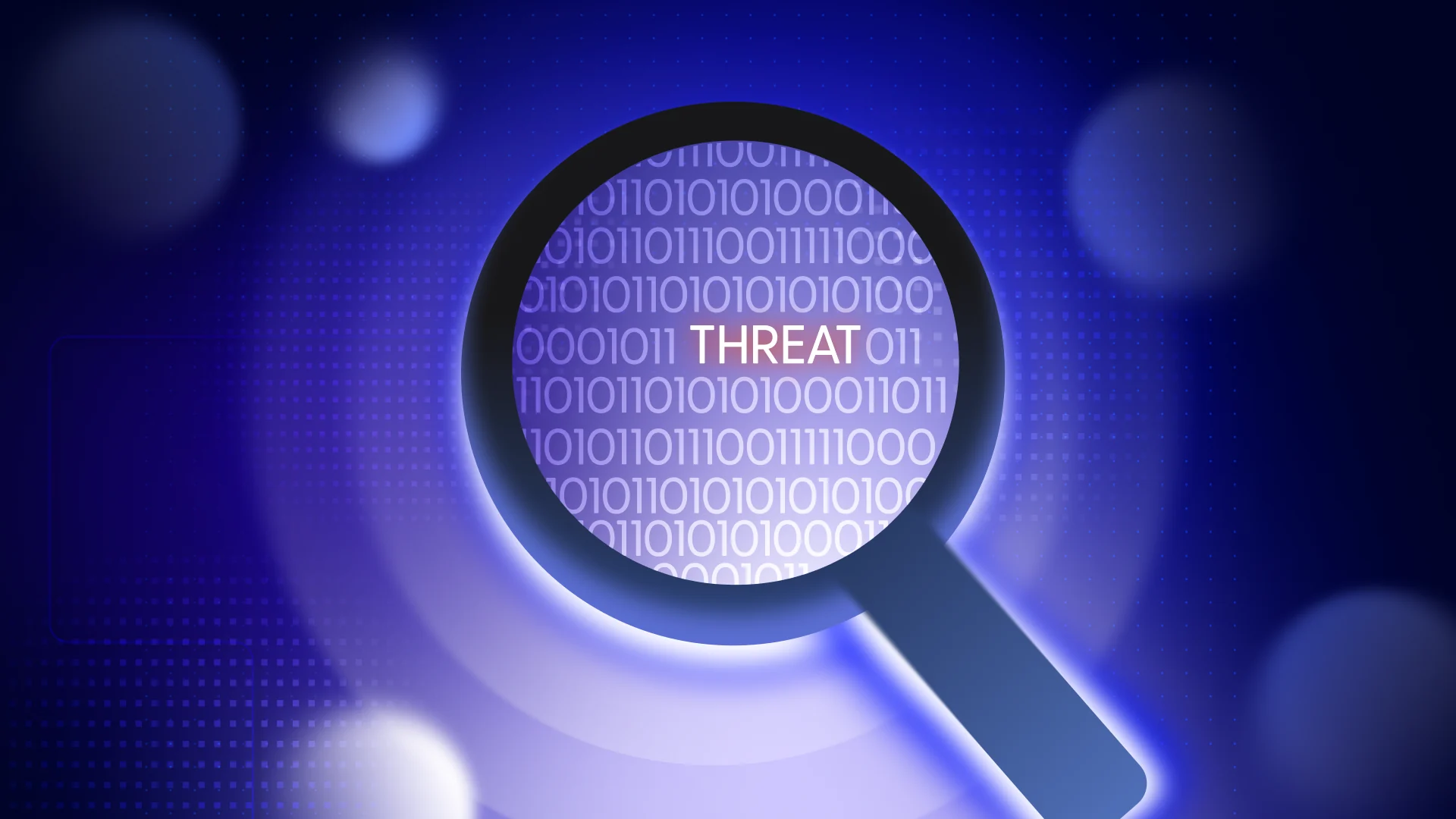 Magnifying glass focusing on the word "THREAT" amidst binary code, symbolizing cybersecurity analysis and vigilance.