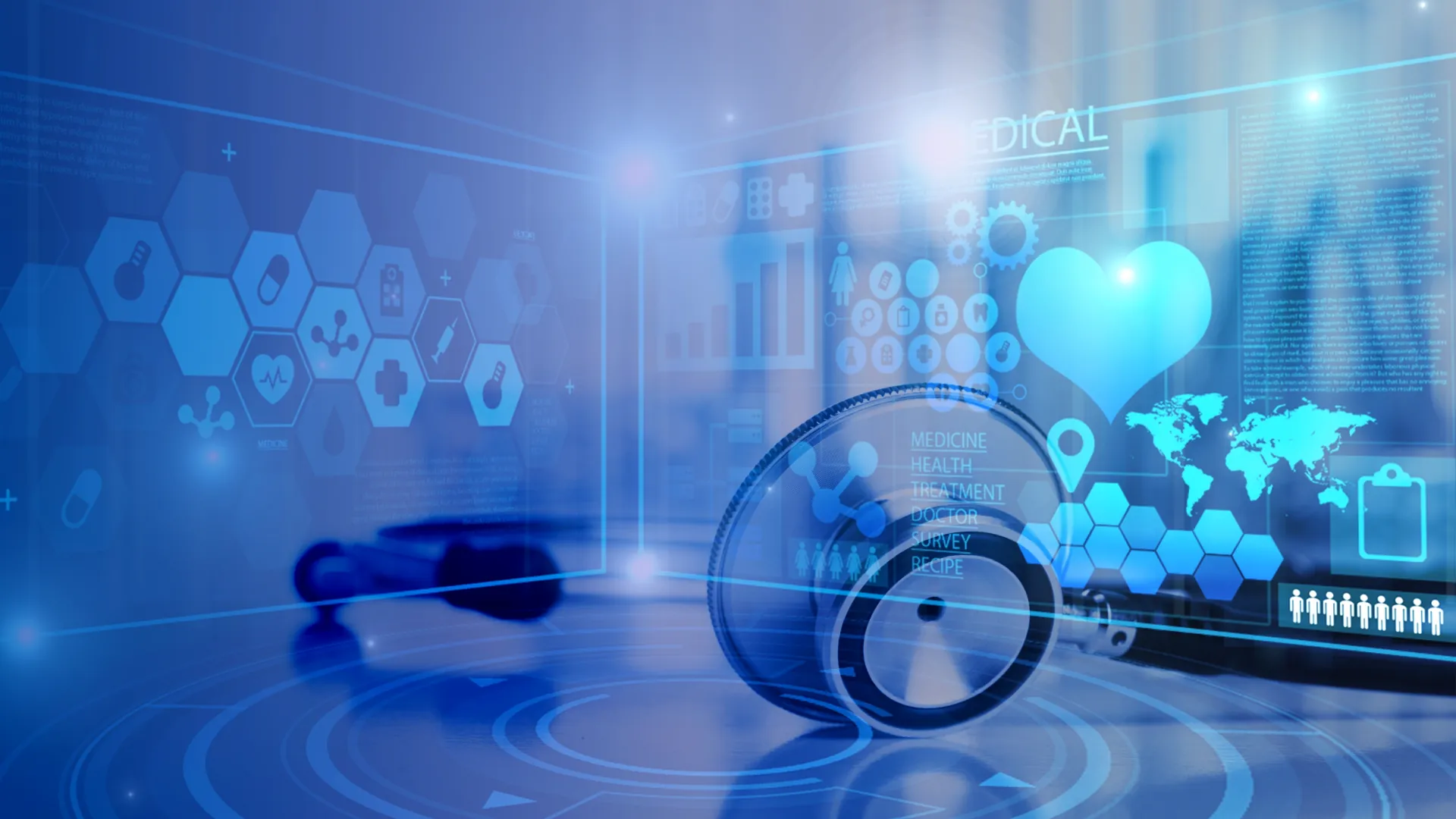 Interactive digital interface showcasing SaaS security metrics, health icons, and data visualization elements.