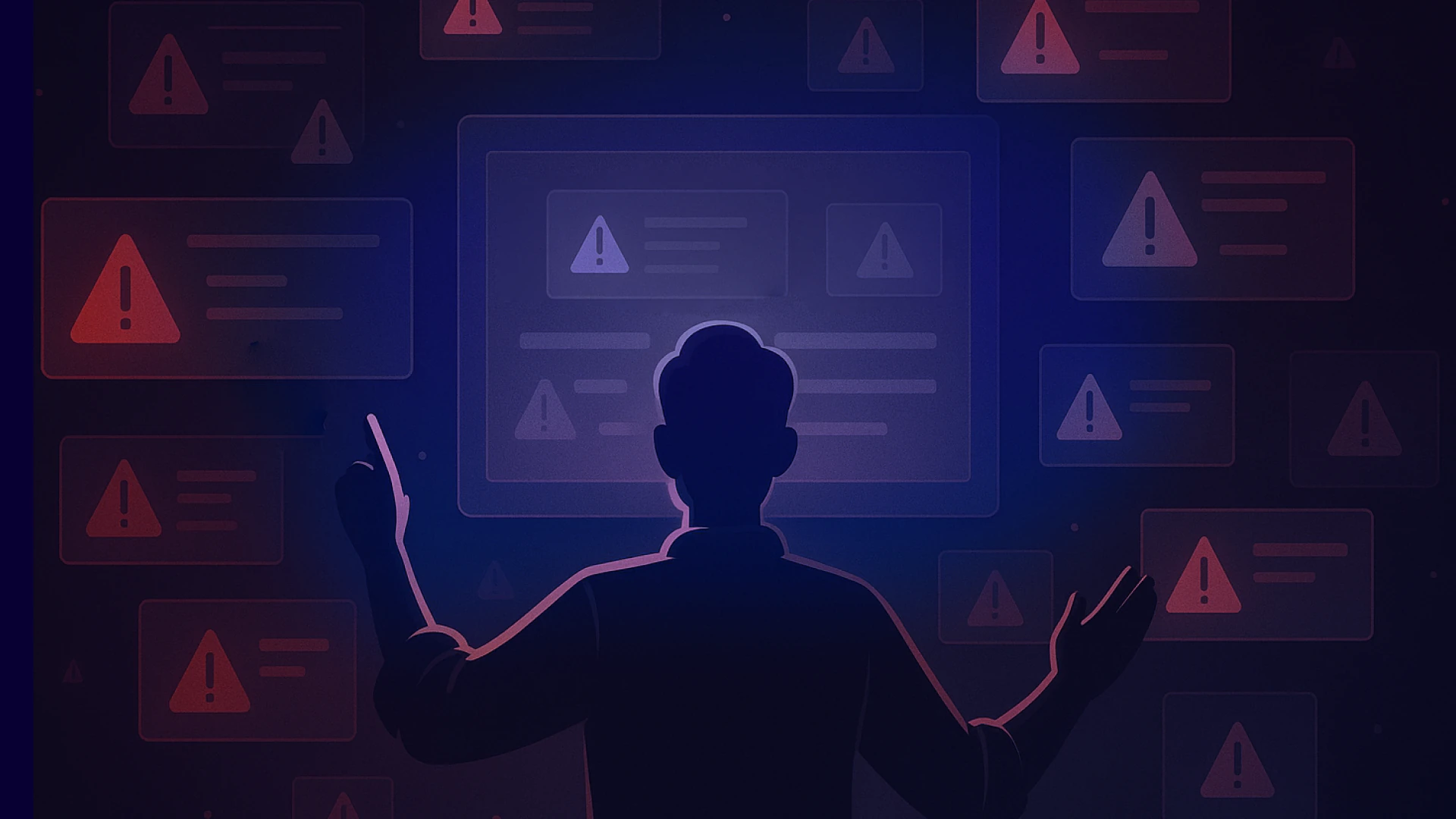 Silhouette of a person analyzing alerts on a digital interface, highlighting SaaS security risks and insights.