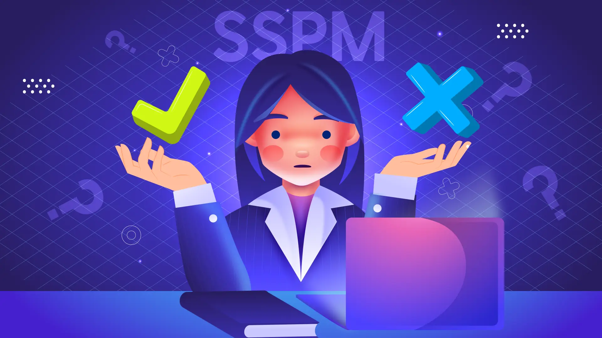 Businesswoman weighing options with check and cross icons, representing decision-making in SaaS security technology.
