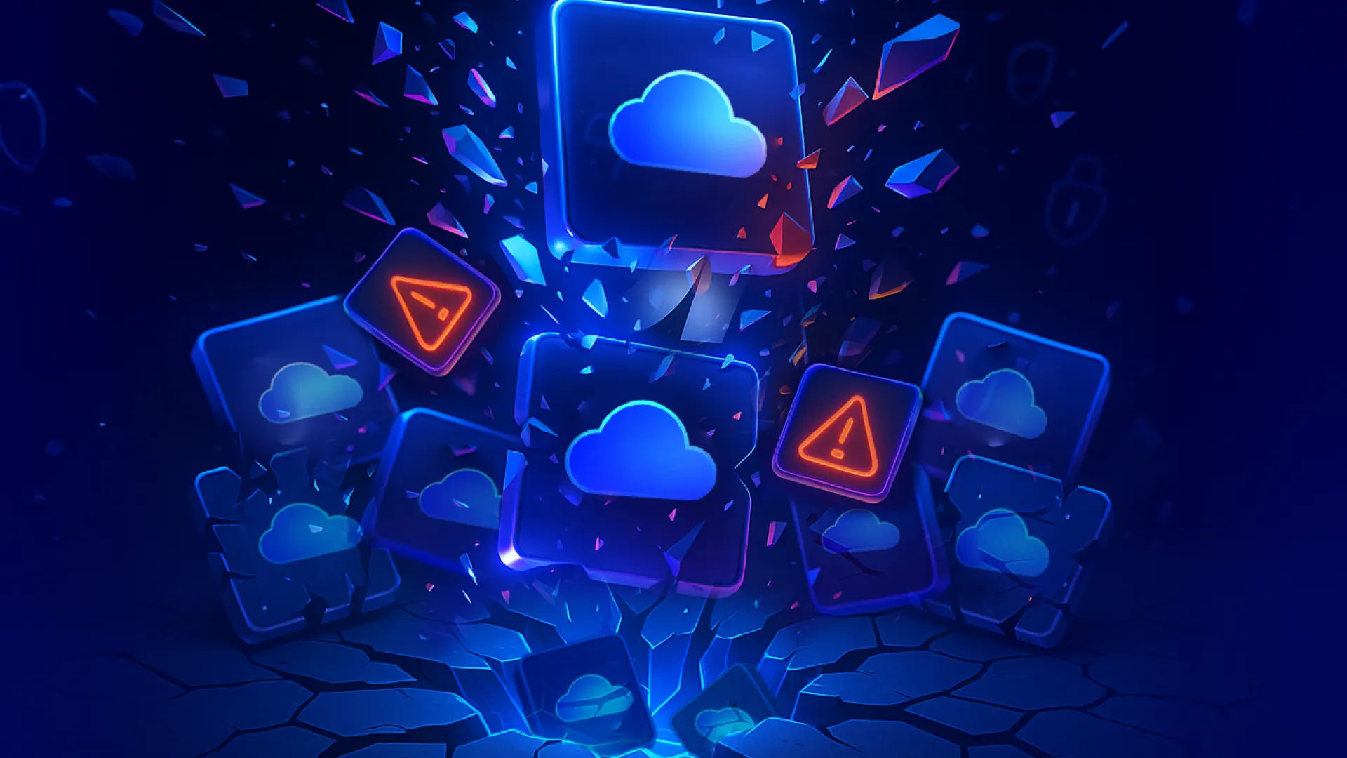 Cloud icons surrounded by a glowing blue aura, with warning symbols, representing SaaS security challenges and solutions.