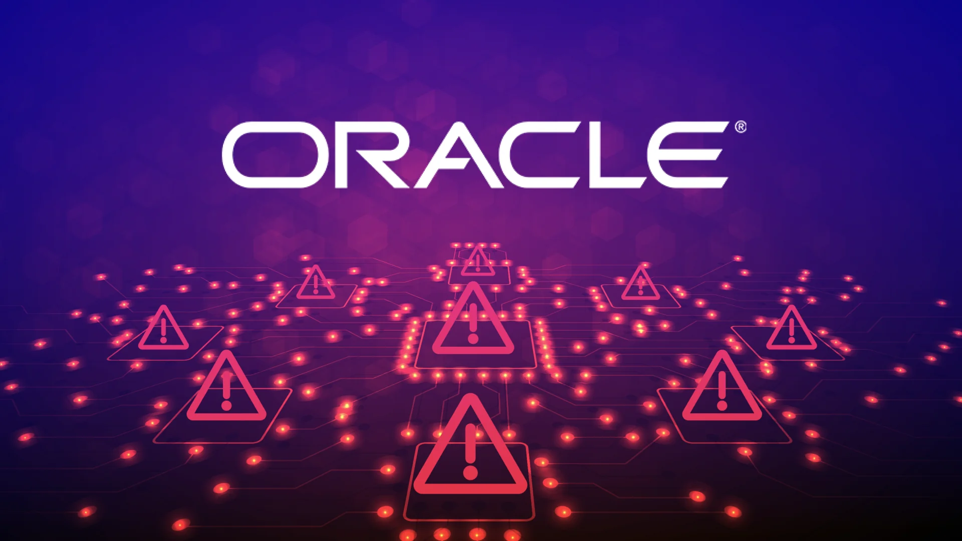 Oracle logo over a digital background with warning icons, representing cybersecurity threats in SaaS environments.