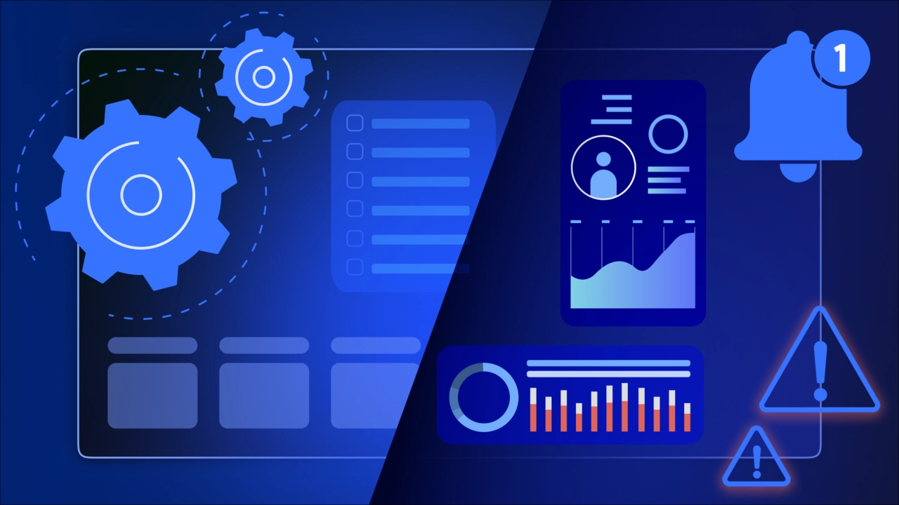 Illustration of a SaaS security dashboard featuring graphs, notifications, and gear icons for system settings.