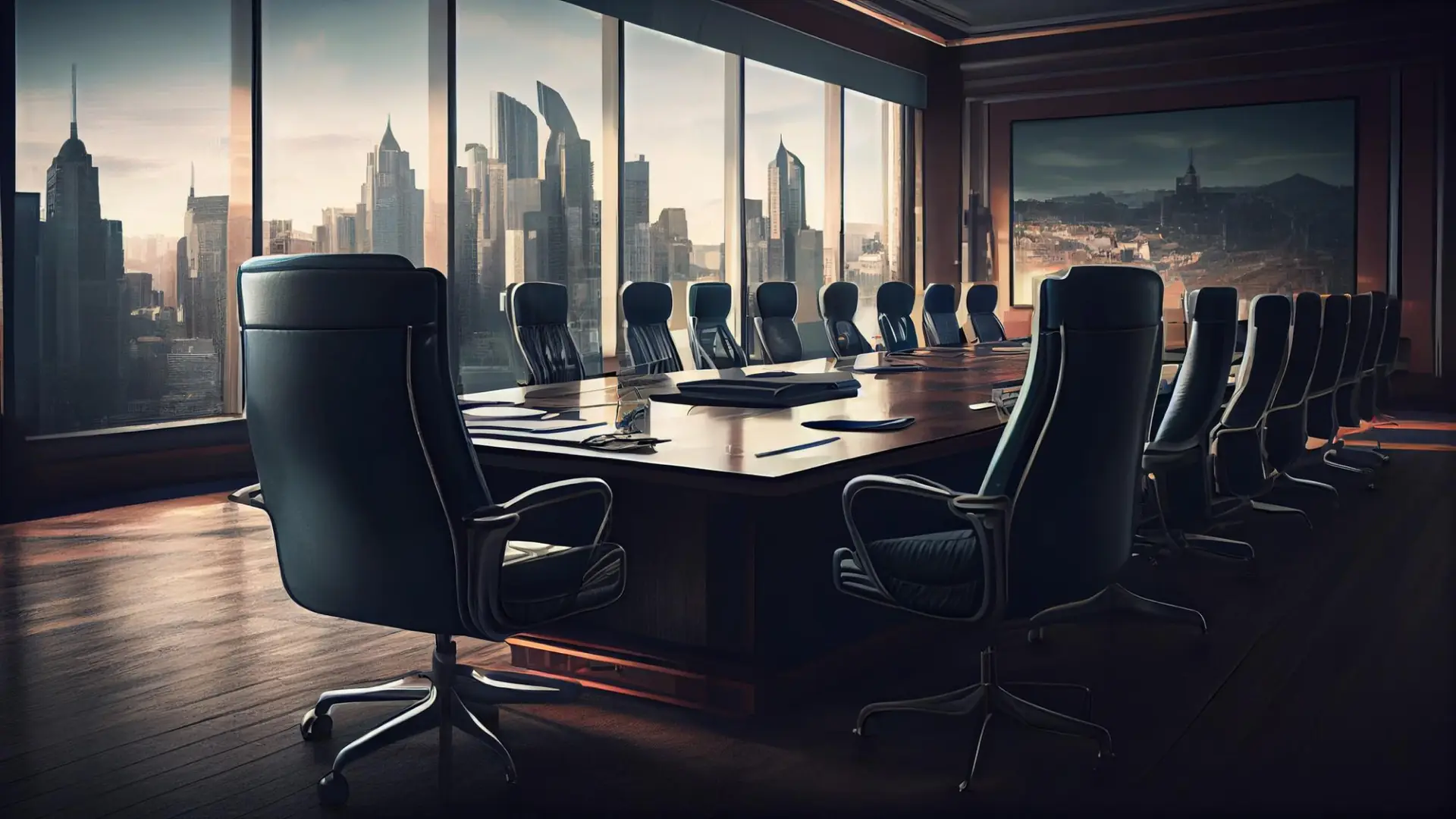 Modern boardroom with a large table and ergonomic chairs, overlooking a city skyline, ideal for SaaS security discussions.