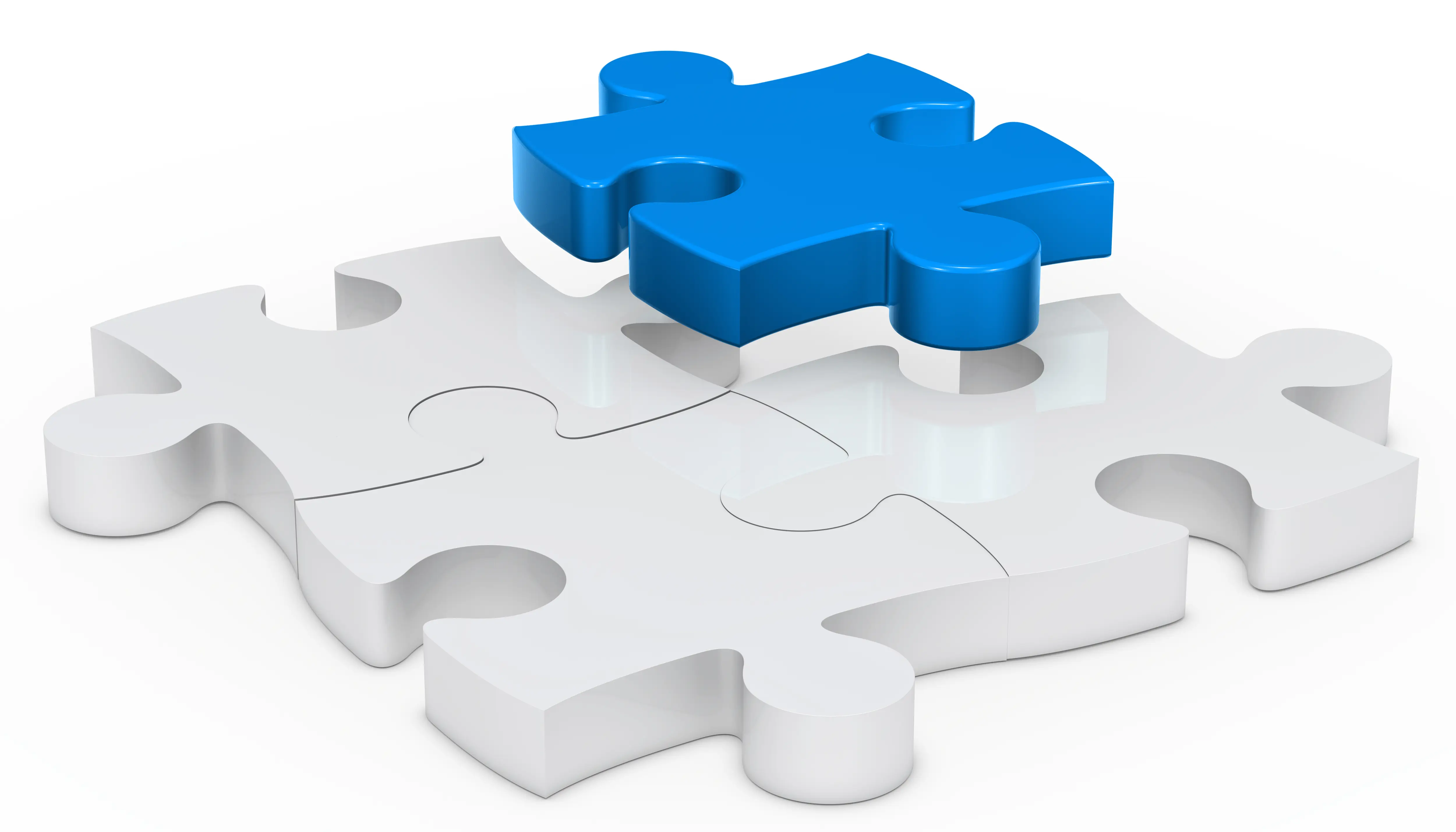 Blue puzzle piece fitting into a white puzzle, symbolizing integration in SaaS security solutions.