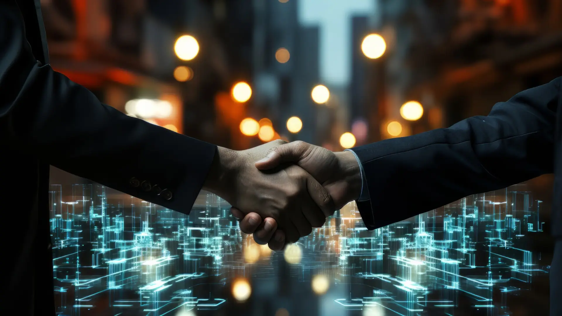 Two business professionals shaking hands with a digital overlay, symbolizing partnership in SaaS cybersecurity.