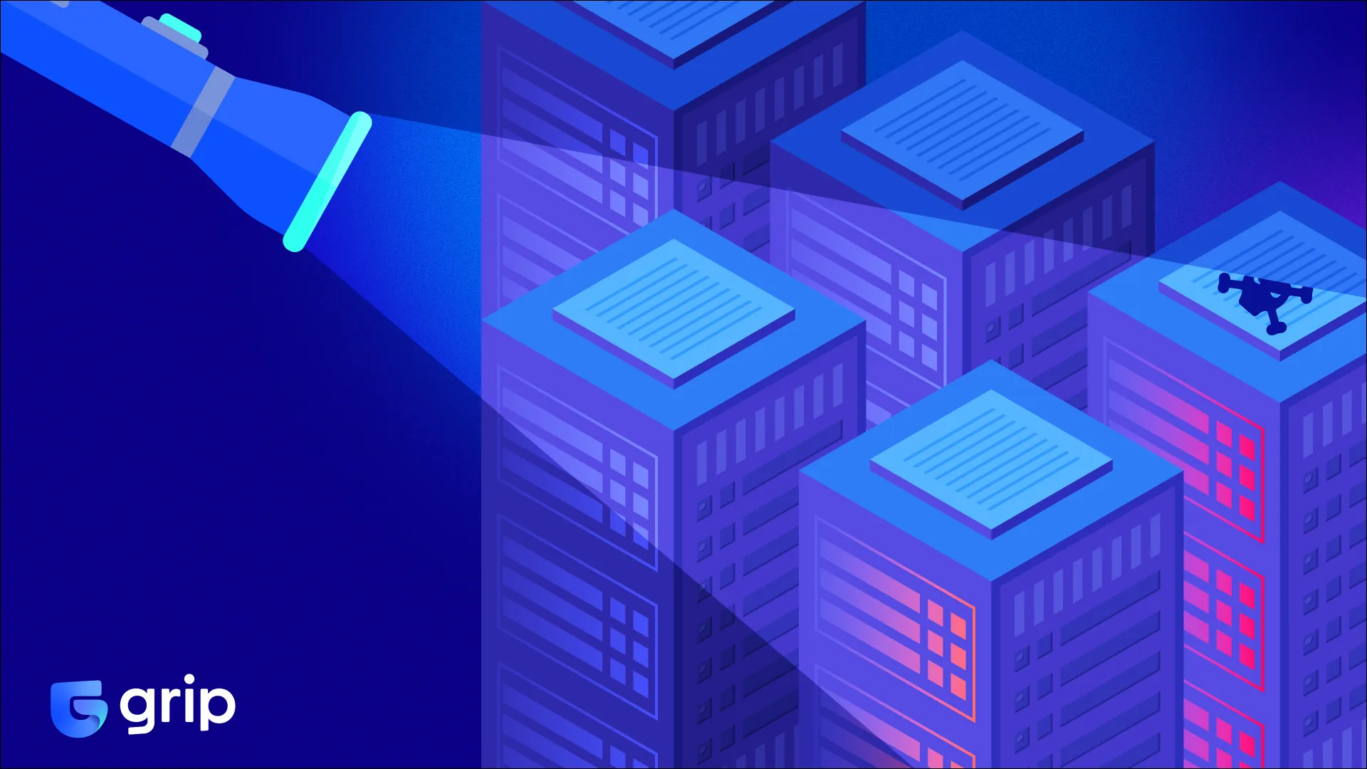 A flashlight beam illuminates buildings, symbolizing the need for visibility in SaaS security and shadow IT management.