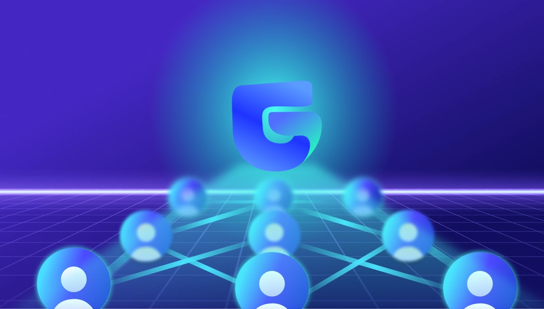 Abstract graphic featuring interconnected user icons and the Grip Security logo, symbolizing SaaS security connections.