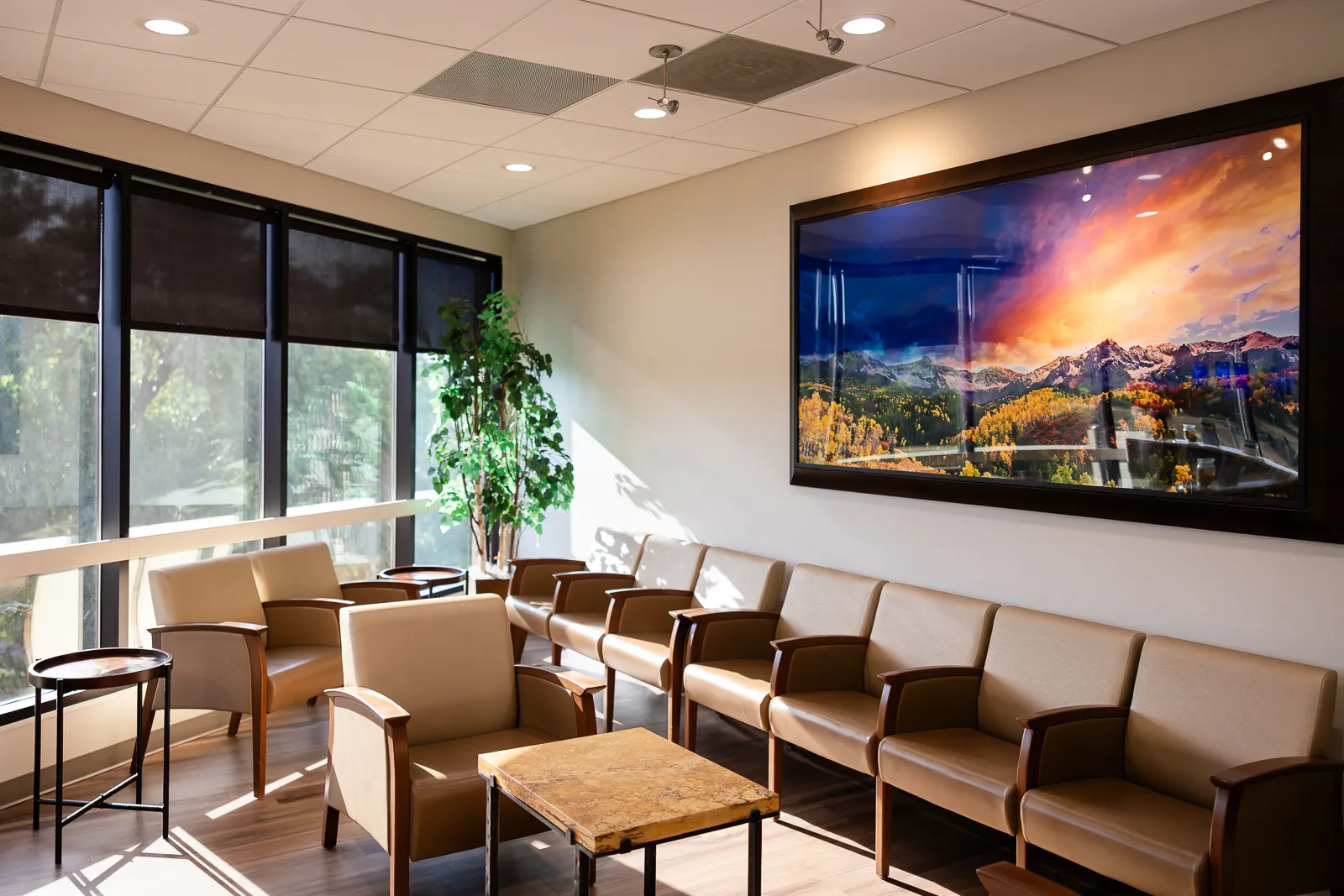 Waiting room with beige leather chairs arranged in rows along a wall and around a wooden table, large windows with black blinds letting in natural light, a tall green plant in the corner, and a large framed landscape photograph of mountains under a colorful sky on the wall.