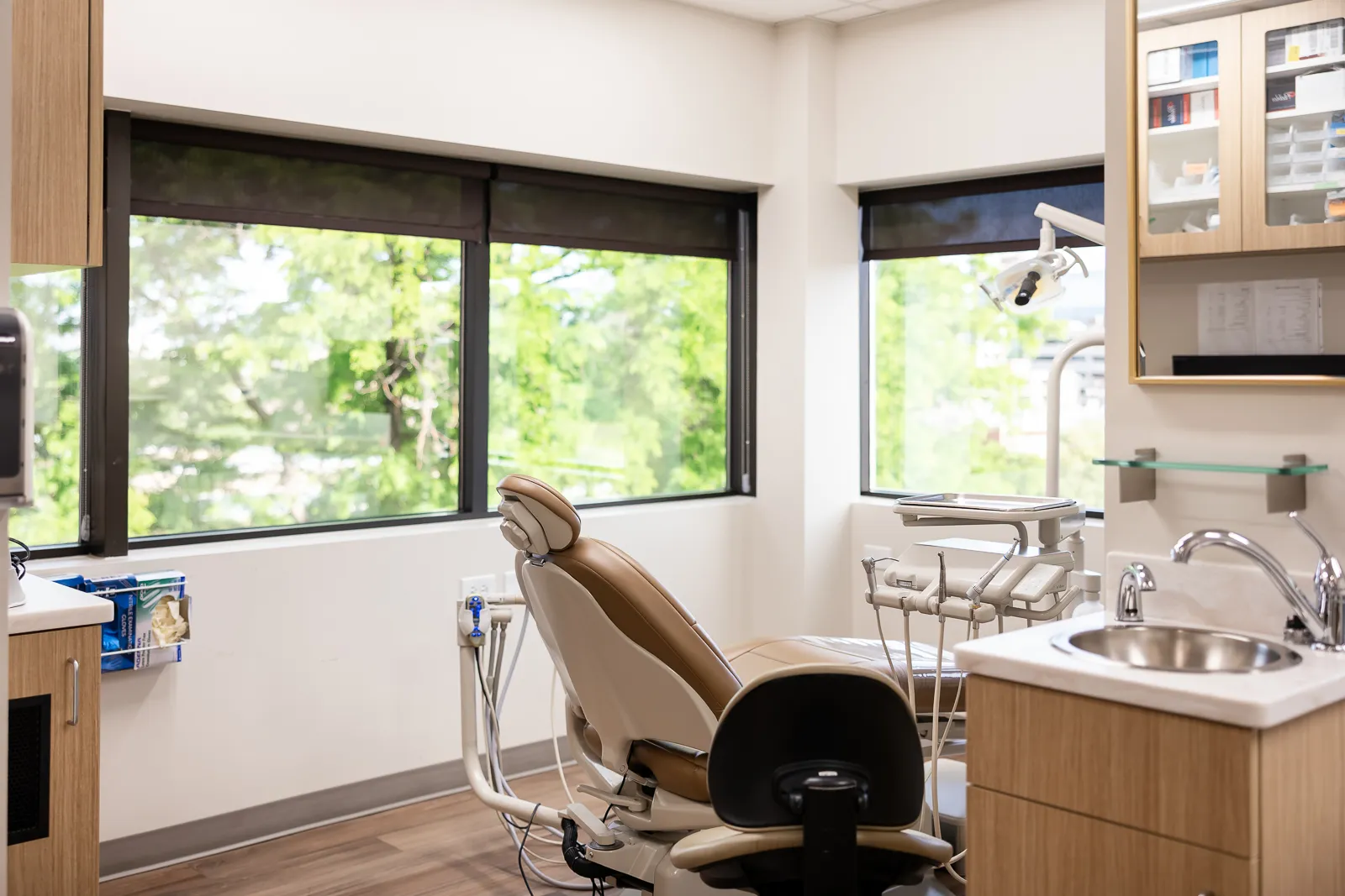 Modern dental examination room with a beige dental chair, dental tools on a tray, large windows showing green trees, wooden cabinets, and a stainless steel sink.