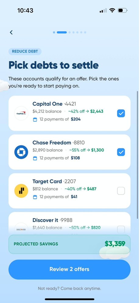 Relief app: pick which debts to settle, with the typical reduction shown for each creditor