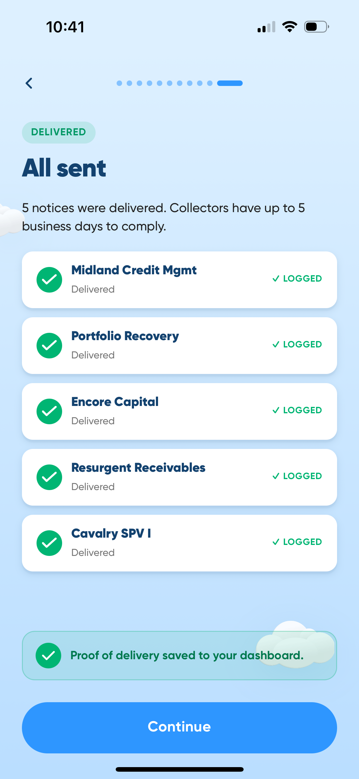 All cease and desist notices delivered, each logged, with proof of delivery saved to the dashboard