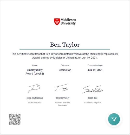 A blockchain verifiable credential from Middlesex University.