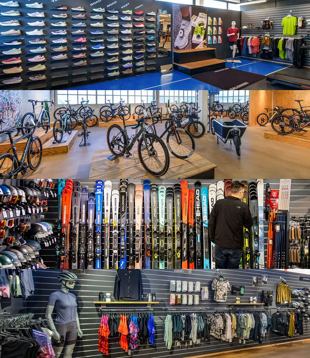 Sportgeschäft mit Laufschuhen, Fahrrädern, Skiern und Outdoor-Bekleidung an Wänden und Regalen.