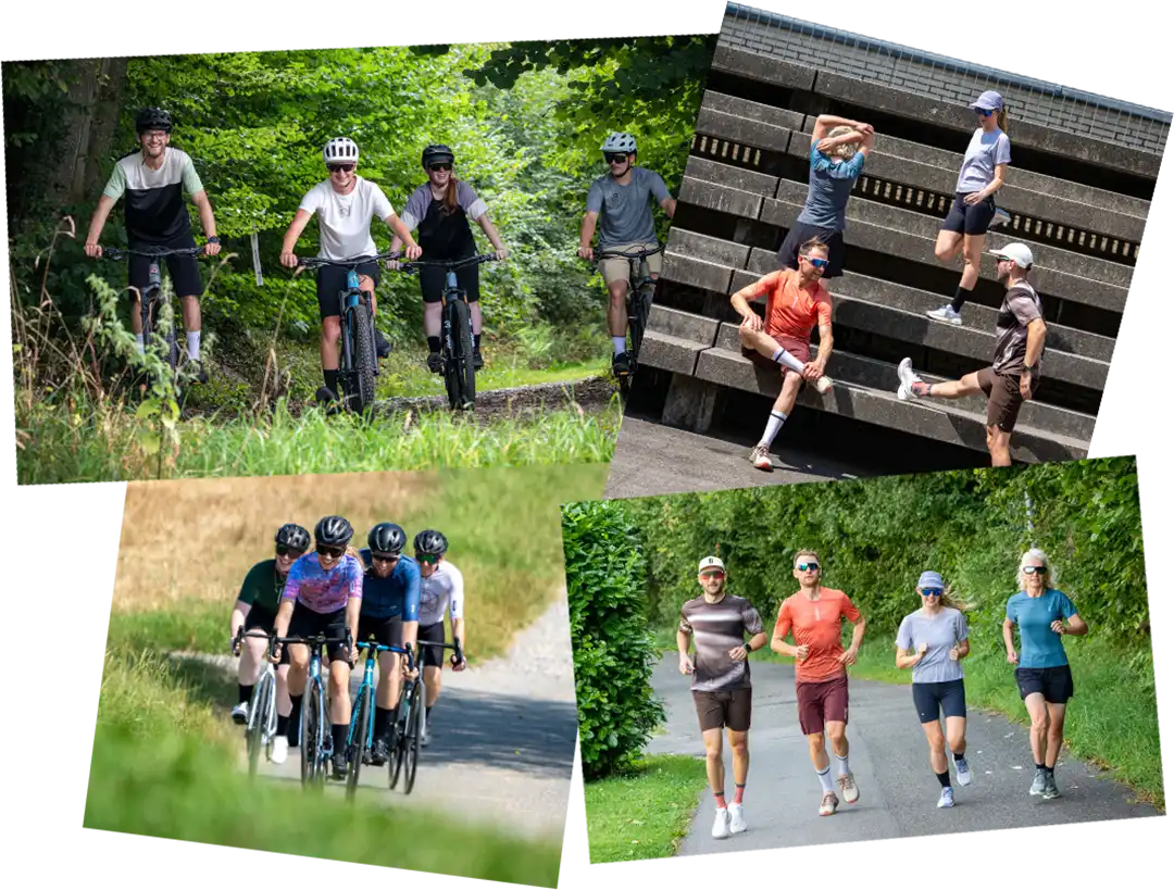 Gruppe von Menschen beim Mountainbiken, Rennradfahren, Dehnen und Joggen in der Natur.