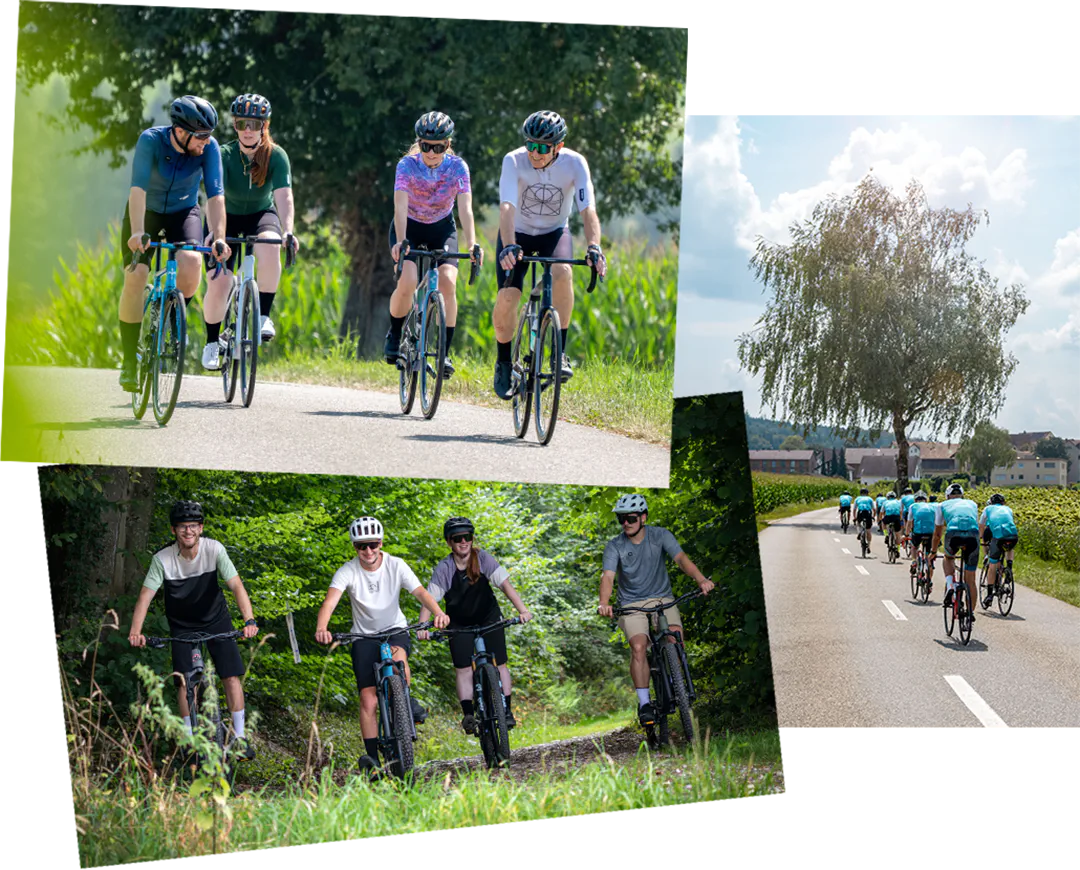 Gruppen von Radfahrern fahren auf Landstraßen und Waldwegen in einer grünen Landschaft.