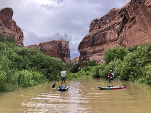 two people standing on paddle boards on the river in a canyon
