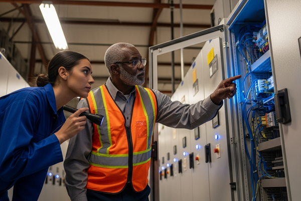 Two maintenance technicians collaborating at electrical panel room
