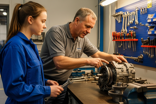Senior technician and apprentice working together at a maintenance workbench