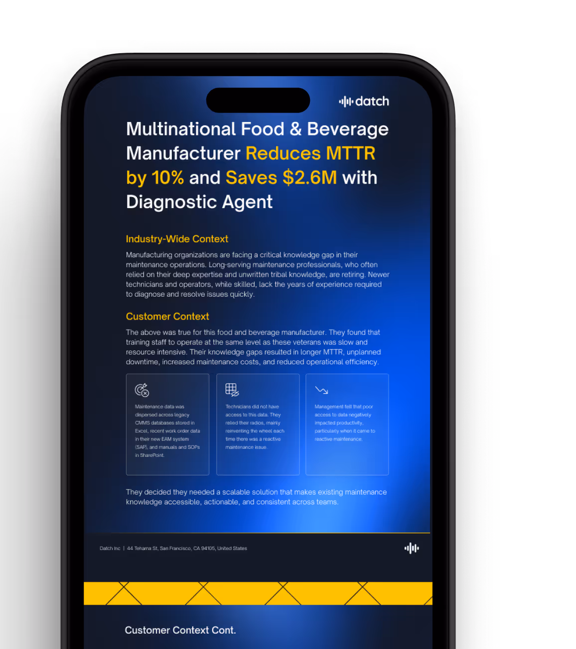 Smartphone screen showing an article titled 'Multinational Food & Beverage Manufacturer Reduces MTTR by 10% and Saves $2.6M with Diagnostic Agent,' with sections on industry-wide and customer context and three highlighted boxes about maintenance data challenges.