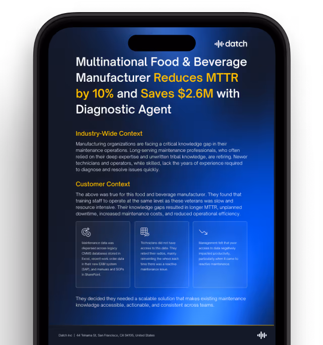 Smartphone screen displaying a case study titled 'Multinational Food & Beverage Manufacturer Reduces MTTR by 10% and Saves $2.6M with Diagnostic Agent' with sections for Industry-Wide Context and Customer Context, detailing maintenance challenges and solutions.