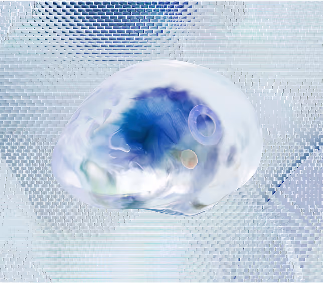 Abstract translucent, blue and white organic shape floating over a textured, pixelated pastel blue background.