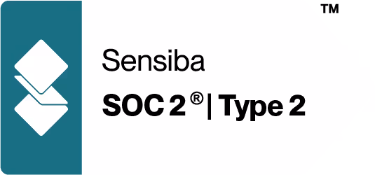 Sensiba SOC 2 Type 2 certification badge with geometric logo on a teal vertical bar.